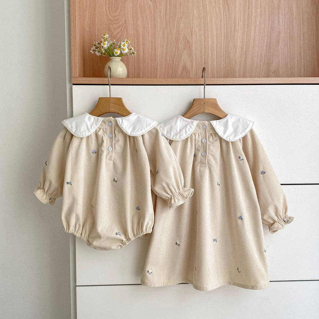 Autumn Baby Kids Girls Flowers Embroidered Pattern Long-sleeved bodysuit and Dress – Princess Sister Matching Set