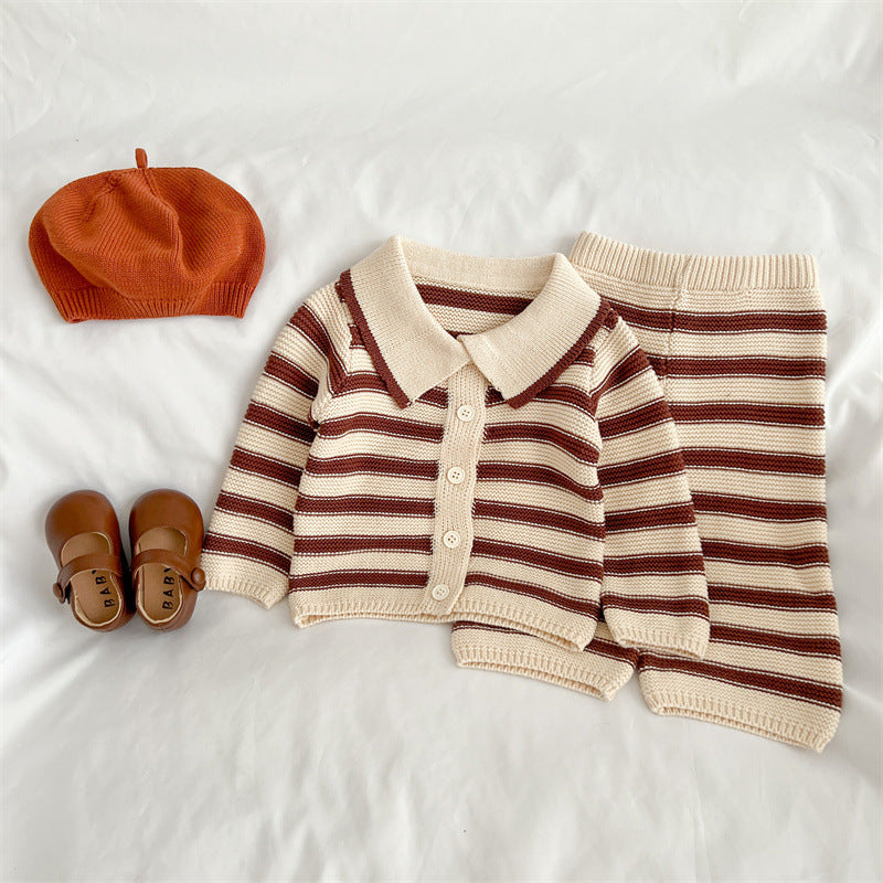 Baby Striped Pattern Lapel Knitted Cardigan or Pants