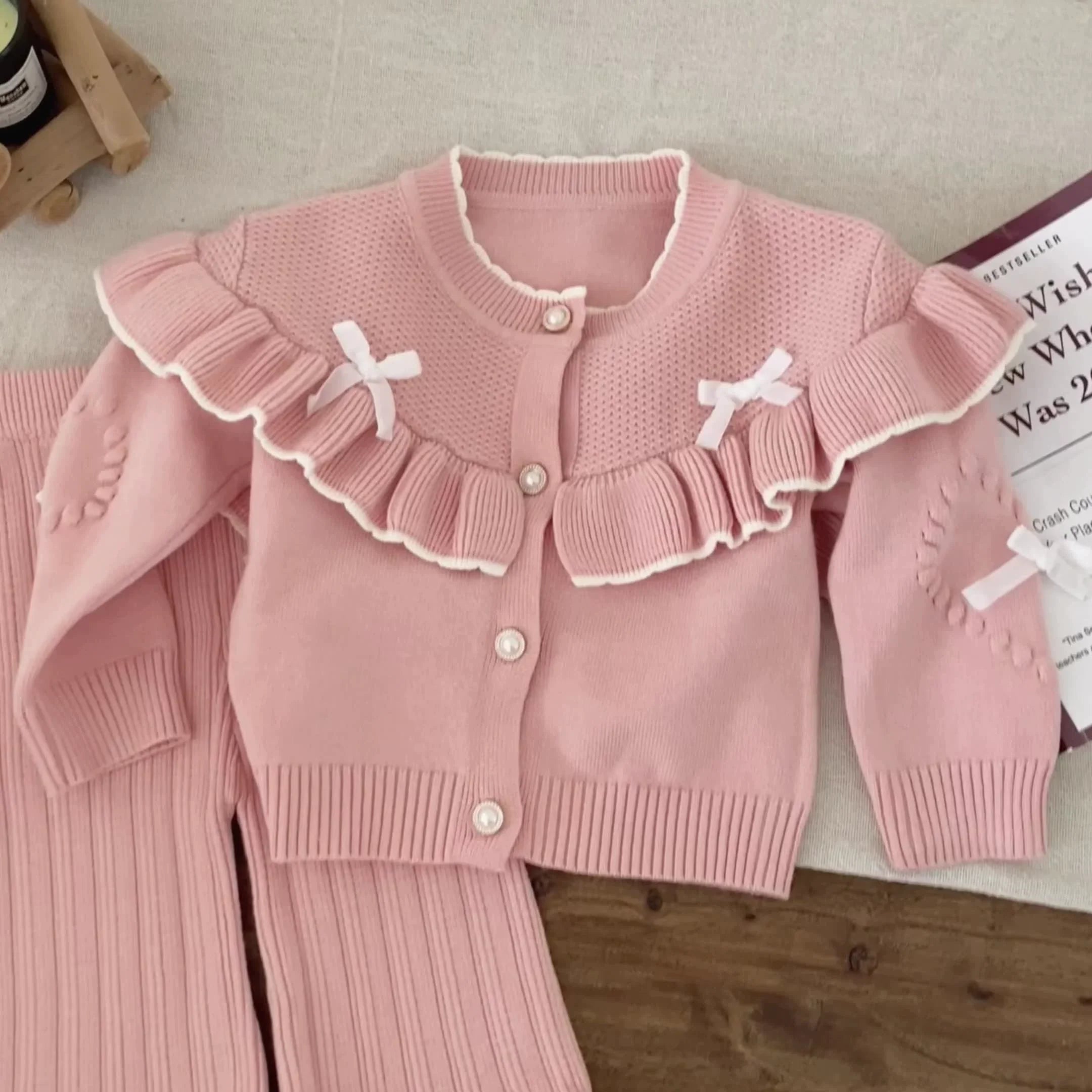 Winter and Autumn Baby Kids Girls Long Sleeves Knitted SET Cardigan and Flared Pants Knitted Clothing Set