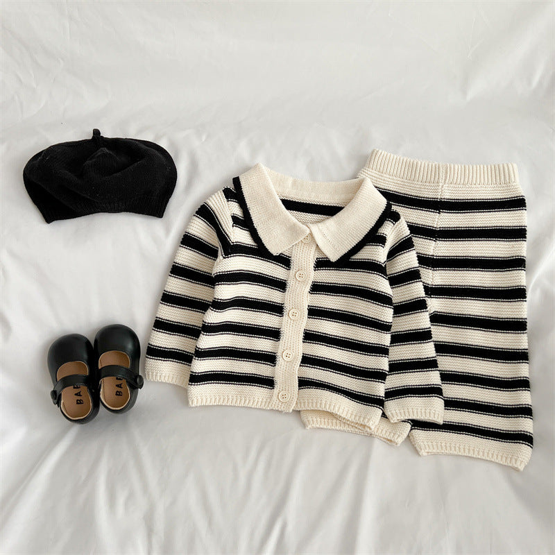 Baby Striped Pattern Lapel Knitted Cardigan or Pants