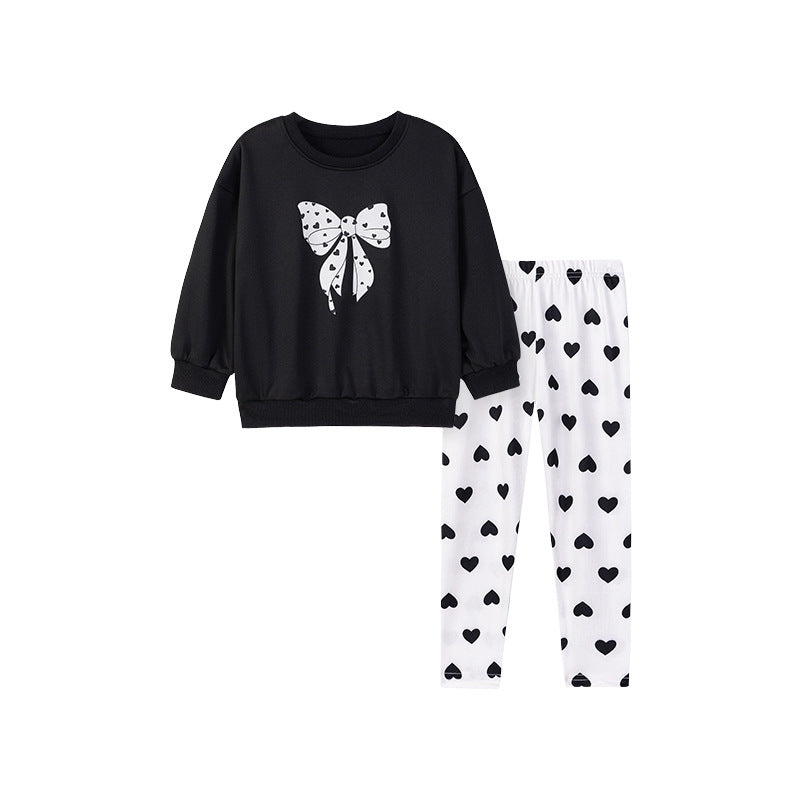 Spring and Autumn Girls Butterfly-bows Pattern Long Sleeves Top and Hearts Pattern Pants Clothing Set