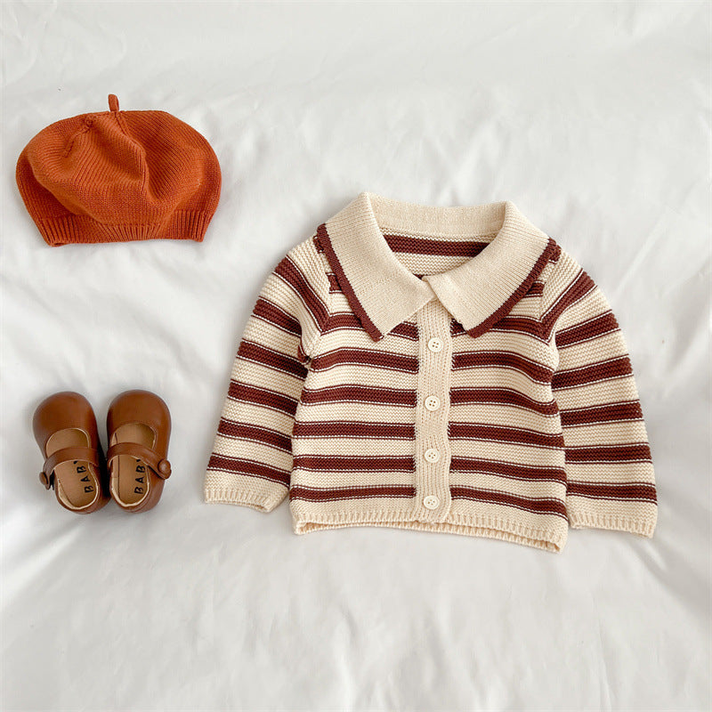 Baby Striped Pattern Lapel Knitted Cardigan or Pants