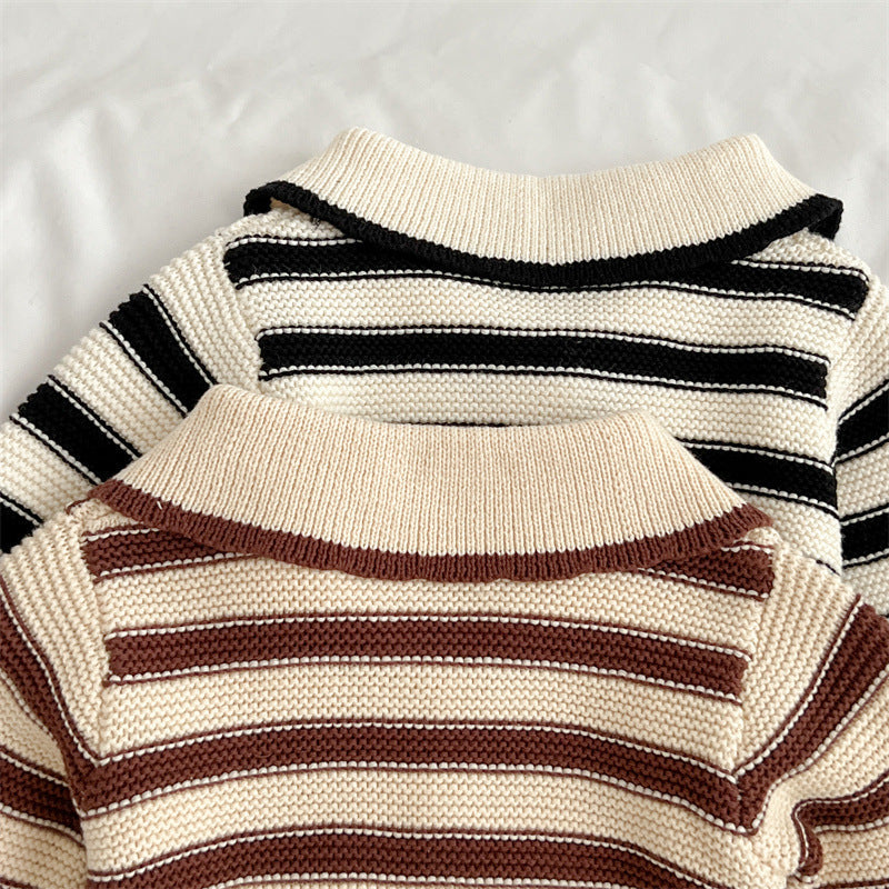 Baby Striped Pattern Lapel Knitted Cardigan or Pants