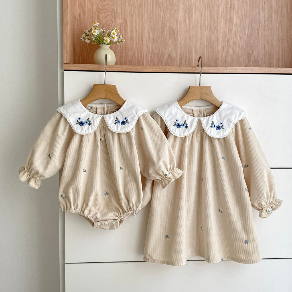 Autumn Baby Kids Girls Flowers Embroidered Pattern Long-sleeved bodysuit and Dress – Princess Sister Matching Set