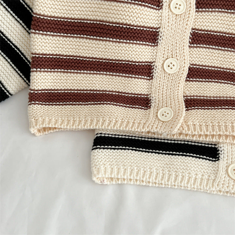 Baby Striped Pattern Lapel Knitted Cardigan or Pants